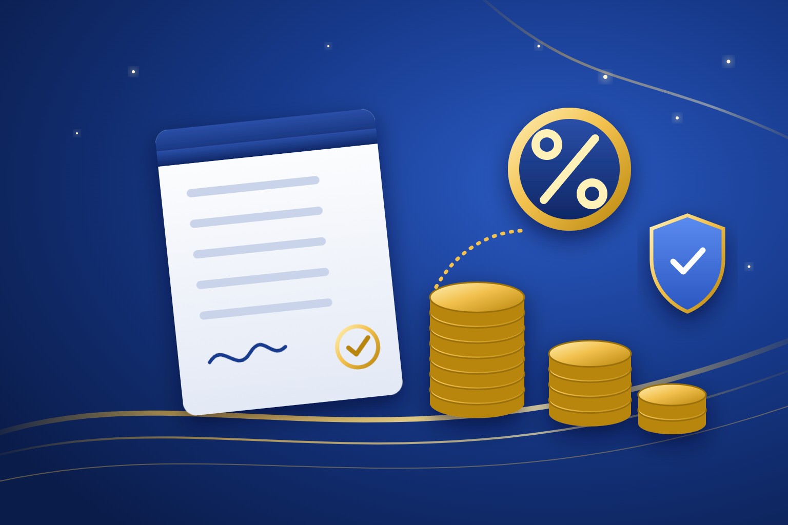 Illustration: financing agreement, coin stacks, low-rate percentage badge and guarantee shield