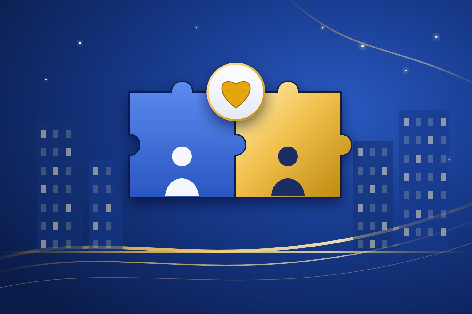 Illustration: two interlocking puzzle pieces with a heart, representing business partnerships